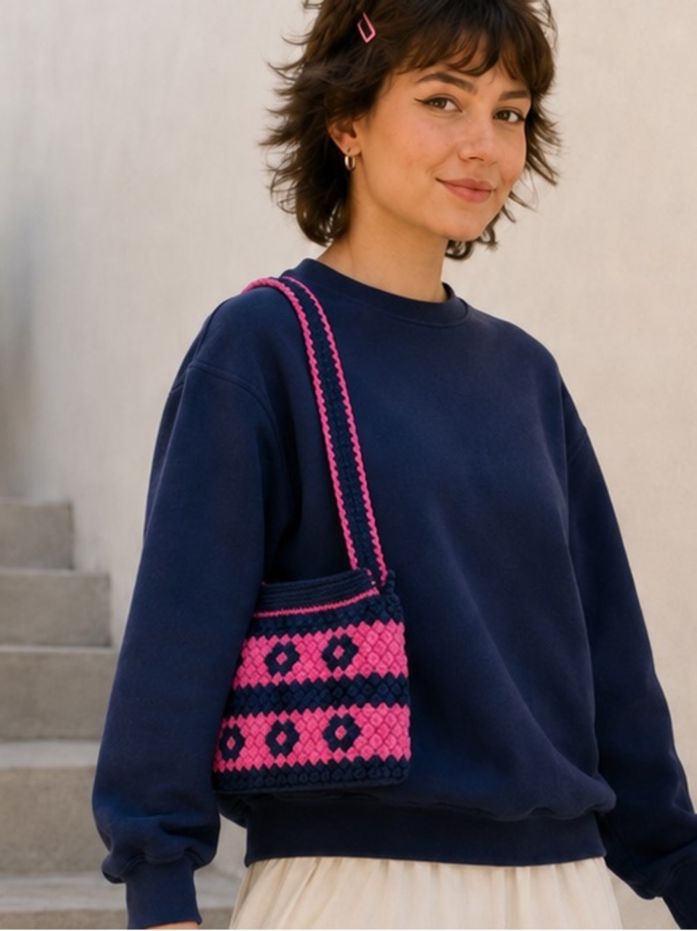 Vintage Knitility Crochet Shoulder Bag Hot Pink Navy Structured Purse